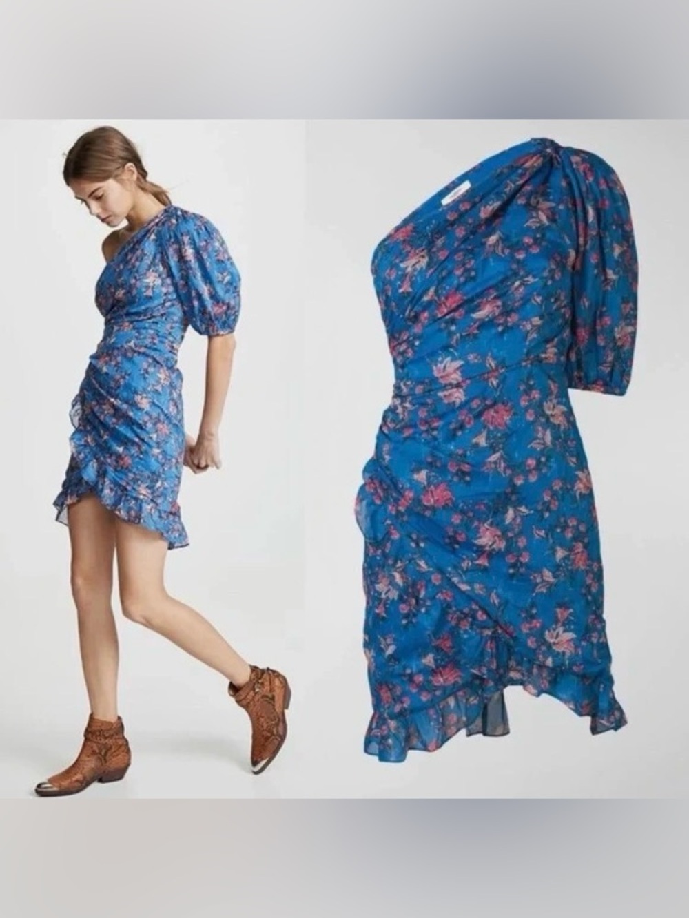 Isabel Marant Etoile Mini Dress Faux Wrap Puff Sleeve Cotton Blue Floral Size 10